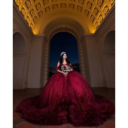 Ruffled Burgundy Quinceanera Dress Off Shoulder Princess Dresses