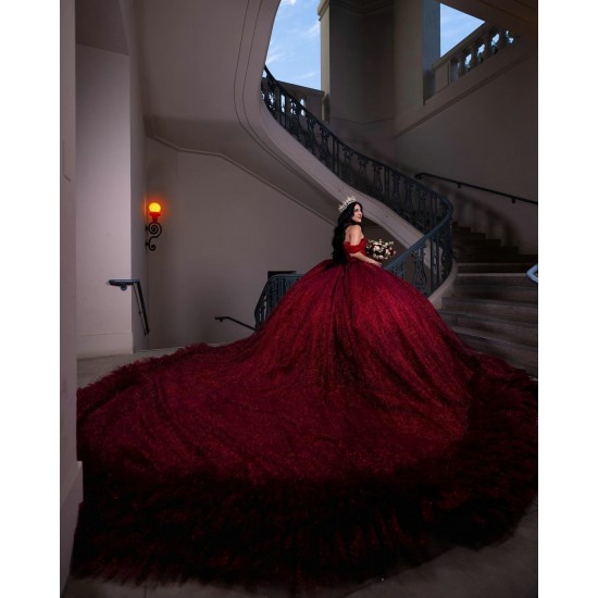 Ruffled Burgundy Quinceanera Dress Off Shoulder Princess Dresses