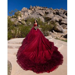 Ruffled Burgundy Quinceanera Dress Sequin Off Shoulder Sweet 15 Gowns