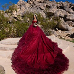 Ruffled Burgundy Quinceanera Dress Sequin Off Shoulder Sweet 15 Gowns