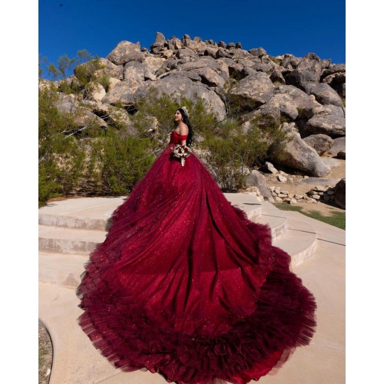 Ruffled Burgundy Quinceanera Dress Sequin Off Shoulder Sweet 15 Gowns