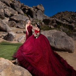 Ruffled Burgundy Quinceanera Dress Sequin Off Shoulder Sweet 15 Gowns