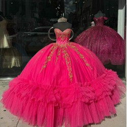 Ruffled Hot Pink Quince Dresses Sequin 15 Dress Sweetheart Neck Ball Gown