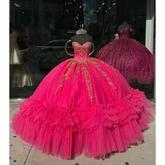 Ruffled Hot Pink Quince Dresses Sequin 15 Dress Sweetheart Neck Ball Gown