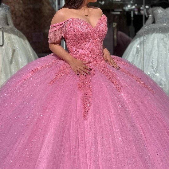 Ruffled Off The Shoulder Cute Pink Quinceanera Dresses With Tassels Sleeves