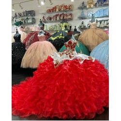 Ruffled Red Quinceanera Dress Sweetheart Embroidered Flowers 15 Dresses