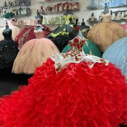 Ruffled Red Quinceanera Dress Sweetheart Embroidered Flowers 15 Dresses