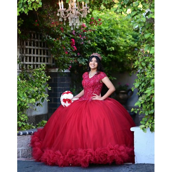 Ruffled Red Quinceanera Dress V Neck 15 Dresses