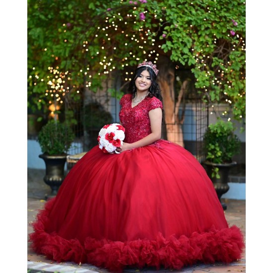 Ruffled Red Quinceanera Dress V Neck 15 Dresses