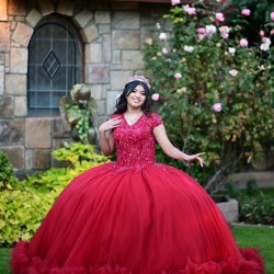 Ruffled Red Quinceanera Dress V Neck 15 Dresses