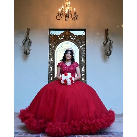 Ruffled Red Quinceanera Dress V Neck 15 Dresses