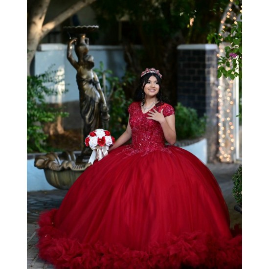 Ruffled Red Quinceanera Dress V Neck 15 Dresses