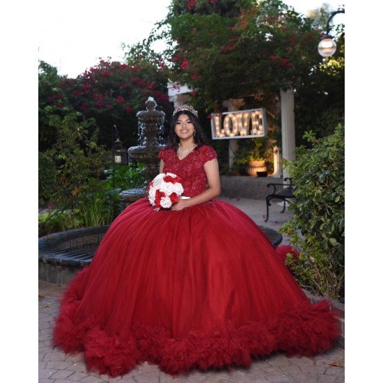 Ruffled Red Quinceanera Dress V Neck 15 Dresses