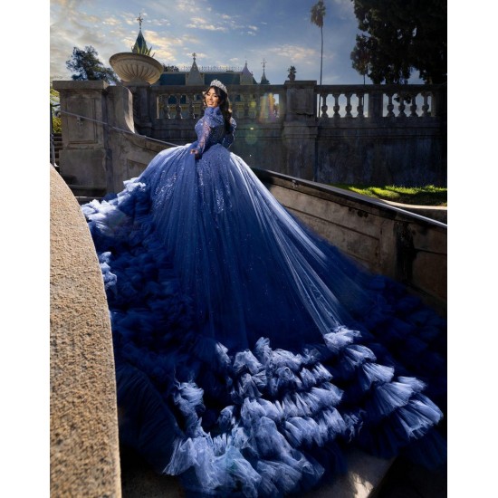 Ruffled Royal Blue Quince Dress Long Sleeve Vestidos De 15 Anos