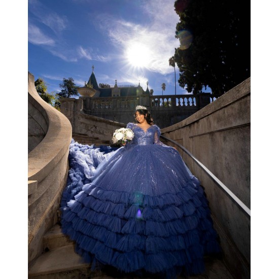 Ruffled Royal Blue Quince Dress Long Sleeve Vestidos De 15 Anos