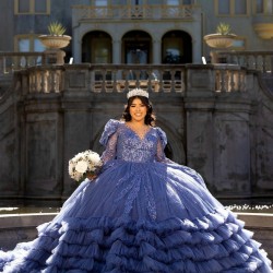 Ruffled Royal Blue Quince Dress Long Sleeve Vestidos De 15 Anos