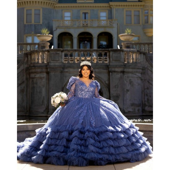 Ruffled Royal Blue Quince Dress Long Sleeve Vestidos De 15 Anos