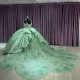 Sage Green Strapless Quinceanera Dresses Lace Appliqued V Neck 15 Dress With Bow