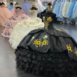 Satin Organza Ruffled Charro Quinceanera Dress Black 15 Dress with Flowers