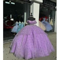 Scoop Neck Lilac Quinceanera Dresses Off Shoulder Ball Gown With Bow