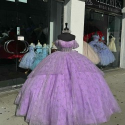 Scoop Neck Lilac Quinceanera Dresses Off Shoulder Ball Gown With Bow