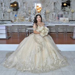 Sequin Champagne Quinceanera Dress Sweetheart Neck Princess Dress With Bow