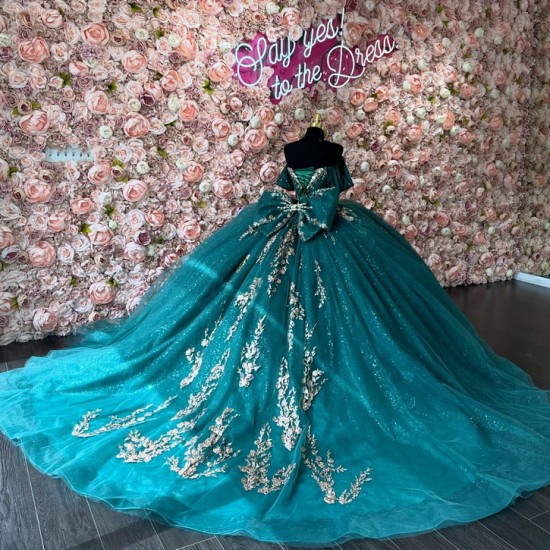 Sequin Emerald Green Quinceanera Dress Off Shoulder Vestidos De 15 Anos With Bow