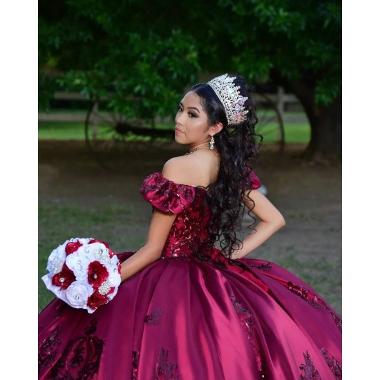 Sequin Sweetheart Neck Burgundy Quince Dresses Off Shoulder 15 Dress