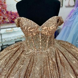 Sequined Champagne Quinceanera Dresses Off The Shoulder Vestidos 15 De XV Anos