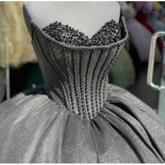 Shiny Tulle Corset Puffy Black Quinceanera Dresses With Pearls