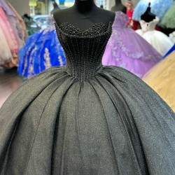 Shiny Tulle Corset Puffy Black Quinceanera Dresses With Pearls