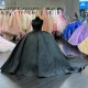 Shiny Tulle Corset Puffy Black Quinceanera Dresses With Pearls