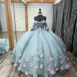 Short Sleeve Aqua Blue Quince Dresses Sweetheart Neck Ball Gown