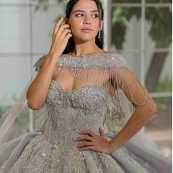 Silver Quinceanera Dress Shiny Crystal Vestidos De 15 Anos With Cape