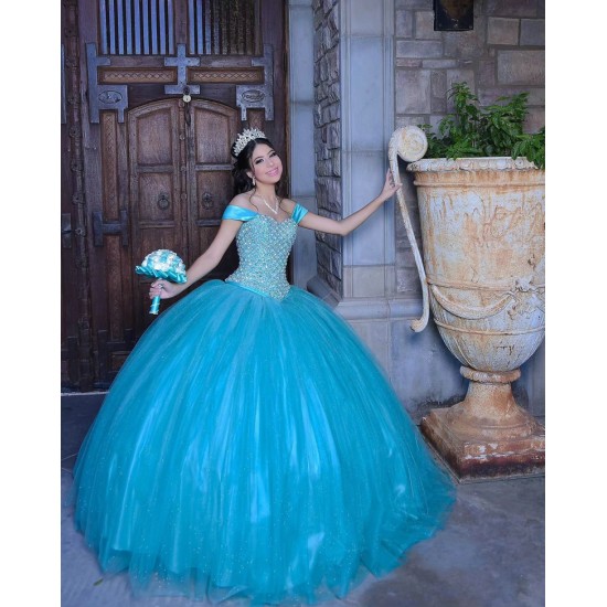 Sleeveless Aqua Quinceanera Dress Crystal Sweetheart Neck 15 Dresses