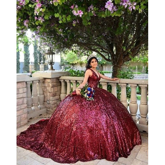 Sleeveless Burgundy Quince Dresses V Neck 15 Dress