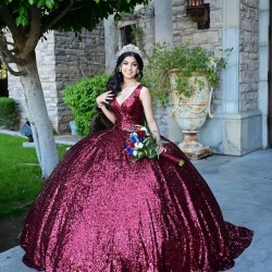 Sleeveless Burgundy Quince Dresses V Neck 15 Dress