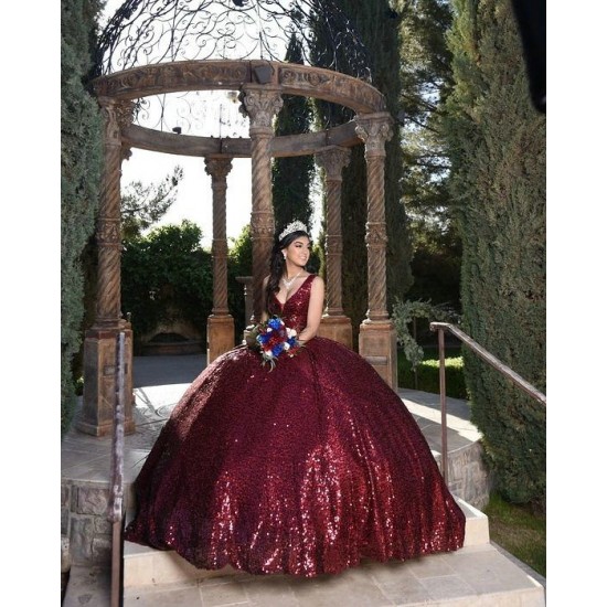 Sleeveless Burgundy Quince Dresses V Neck 15 Dress