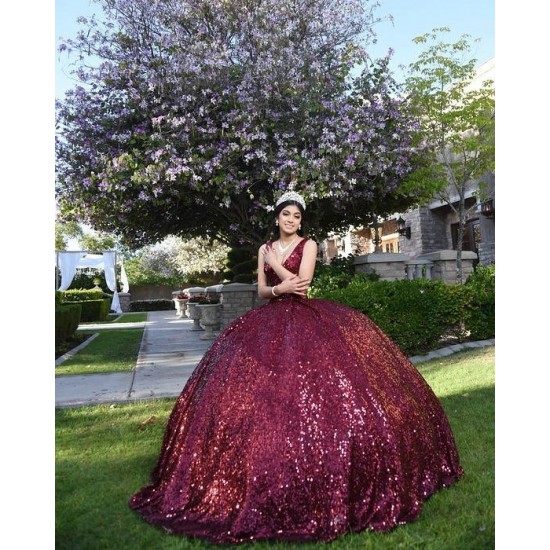 Sleeveless Burgundy Quince Dresses V Neck 15 Dress