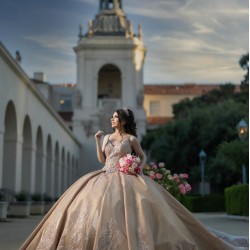 Sleeveless Champagne Quinceanera Dresses V Neck 15 Dress