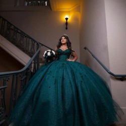 Sleeveless Emerald Green Quince Dress Sweetheart Neck Vestidos De 15 Anos