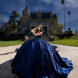 Sleeveless Girl Party Gown Navy Blue Quince Dress V Neck Vestidos De 15 Anos