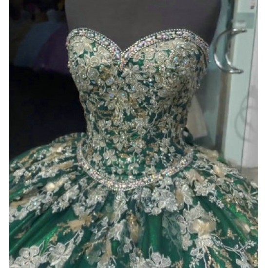 Sleeveless Green Quinceanera Dress Sweetheart Lace Appliques Crystal 15 Dresses