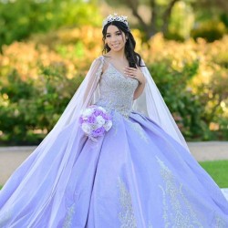 Sleeveless Lilac Quinceanera Dress Metallic Sequin V Neck 15 Dresses