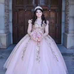 Sleeveless Pink Quinceanera Dress V Neck Metallic Sequin 15 Dresses