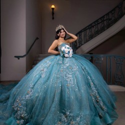 Sleeveless Quinceanera Dress Aqua Blue Vestidos De 15 Anos With 3D Flowers