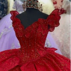 Sleeveless Red Quinceanera Dress V Neck Sequin 15 Dresses With Bow