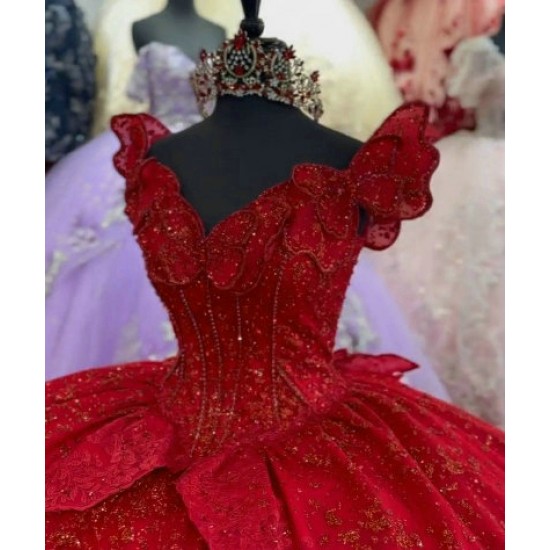 Sleeveless Red Quinceanera Dress V Neck Sequin 15 Dresses With Bow