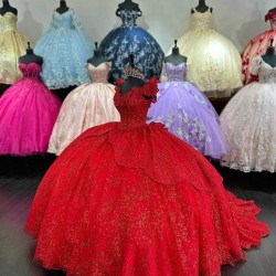 Sleeveless Red Quinceanera Dress V Neck Sequin 15 Dresses With Bow