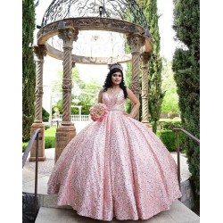 Sleeveless Rose Gold Quince Dresses Pearl Sequin V Neck 15 Dress